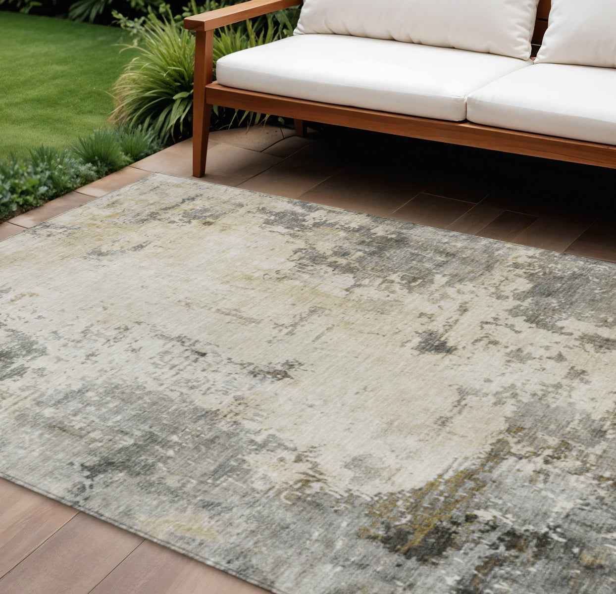 8' X 10' Pewter And Ivory Abstract Washable Indoor Outdoor Area Rug