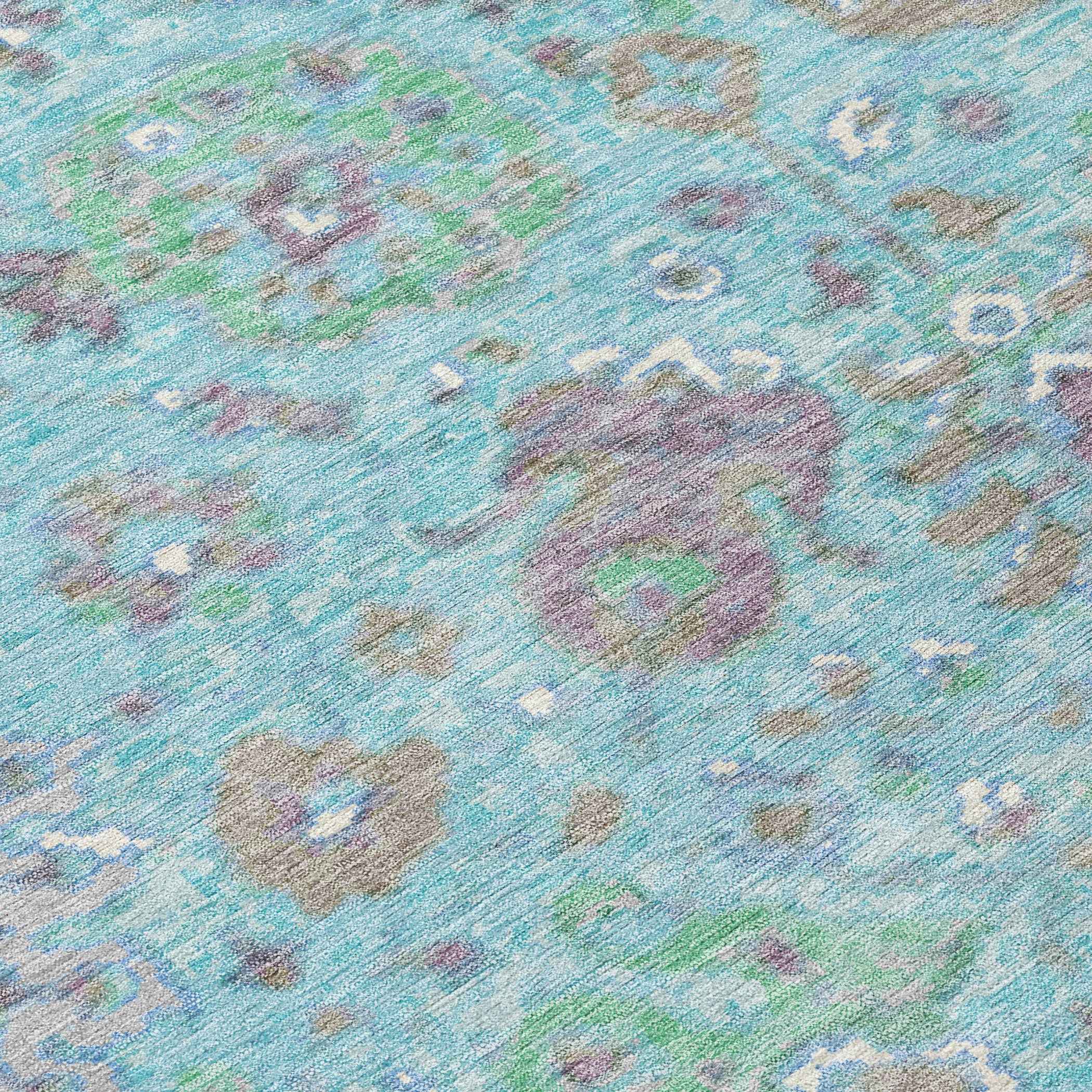 8' Teal Blue Taupe And Ivory Round Floral Washable Indoor Outdoor Area Rug