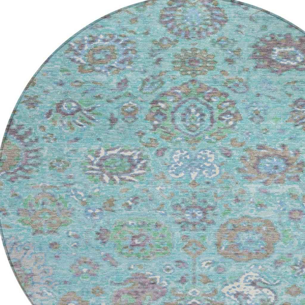 8' Teal Blue Taupe And Ivory Round Floral Washable Indoor Outdoor Area Rug