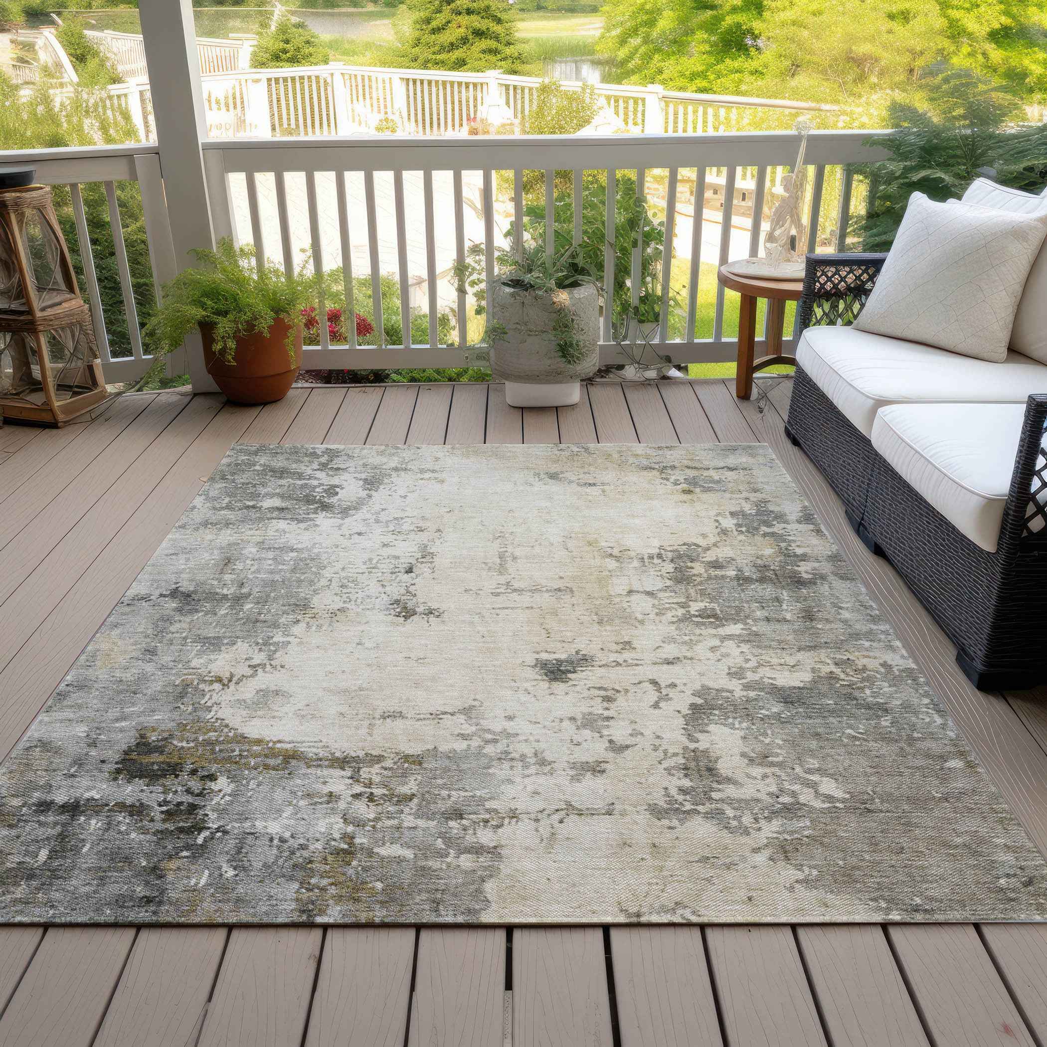 8' X 10' Pewter And Ivory Abstract Washable Indoor Outdoor Area Rug