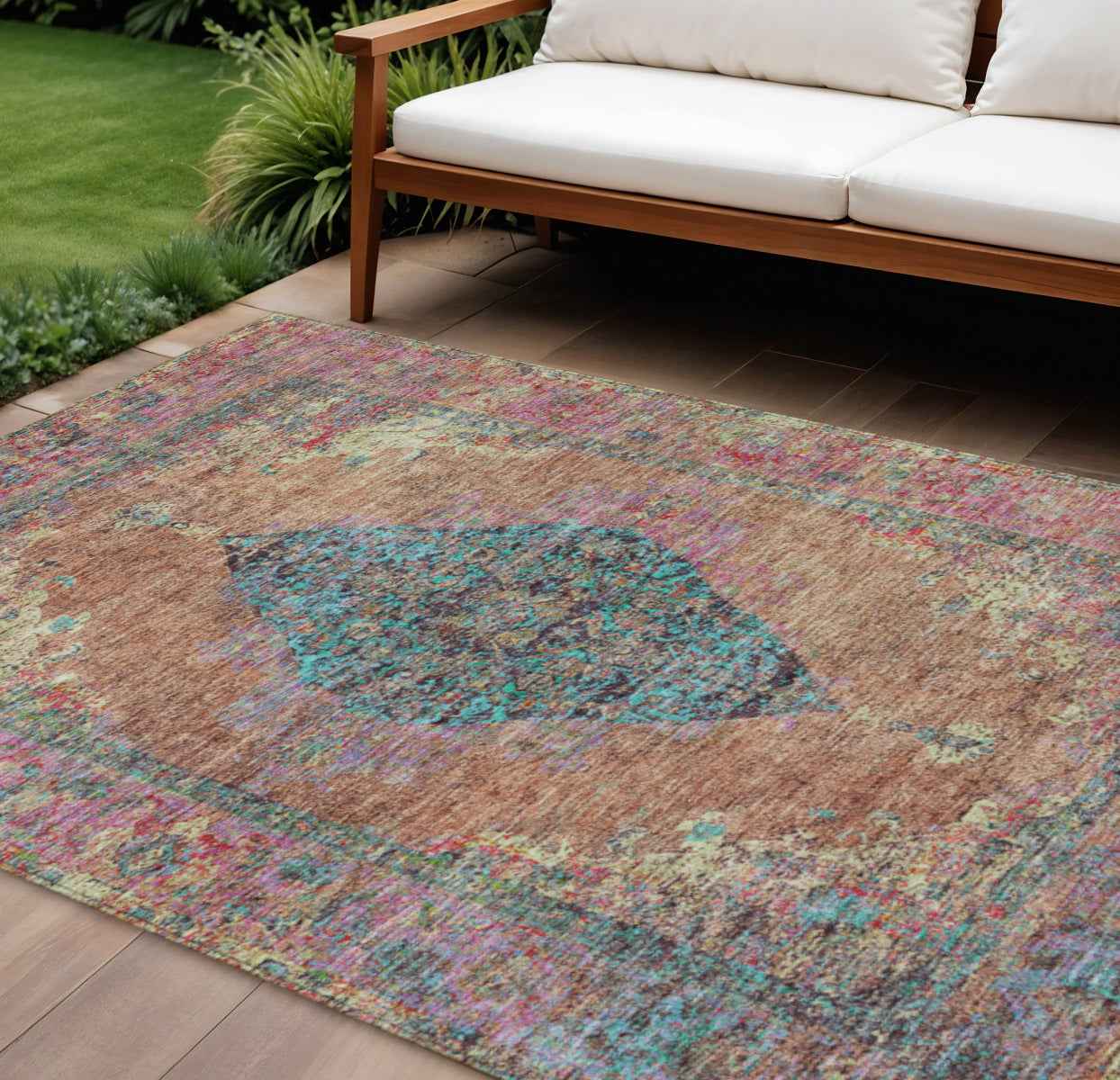 8' X 10' Orange And Teal Blue Medallion Washable Indoor Outdoor Area Rug