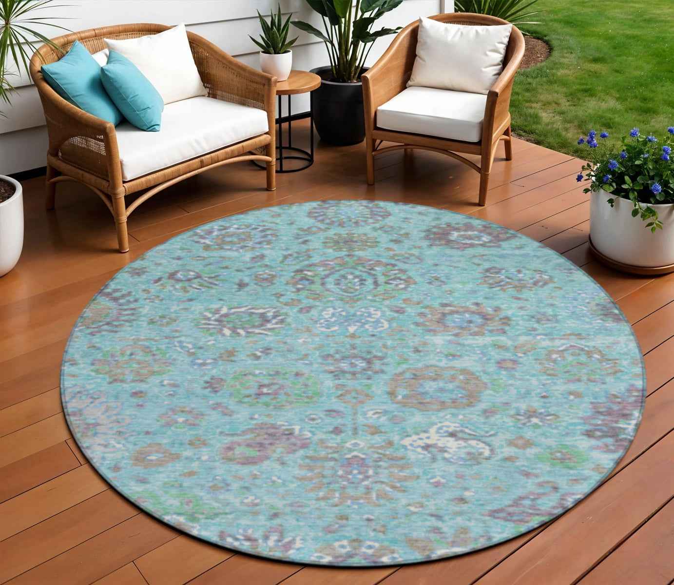 8' Teal Blue Taupe And Ivory Round Floral Washable Indoor Outdoor Area Rug