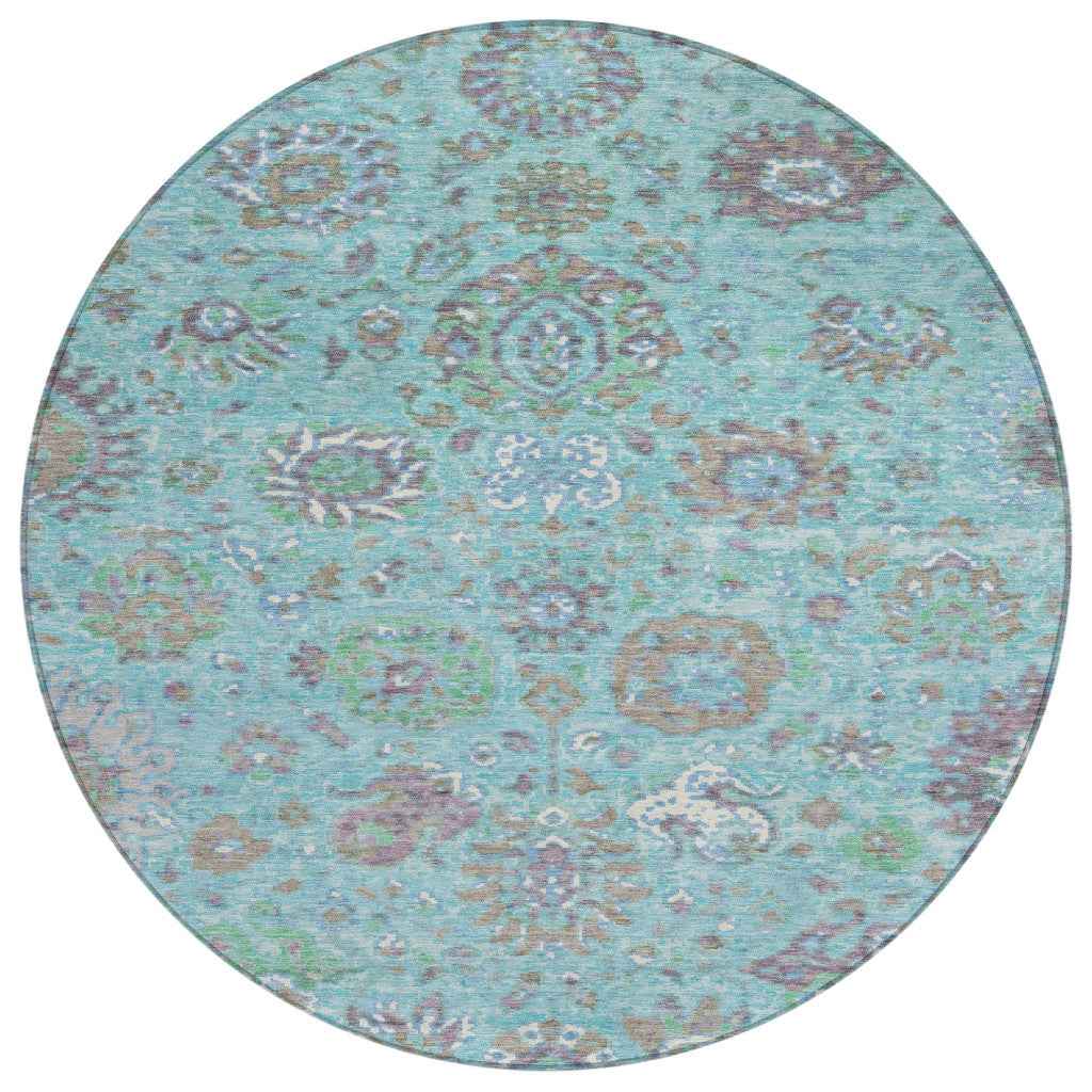 8' Teal Blue Taupe And Ivory Round Floral Washable Indoor Outdoor Area Rug