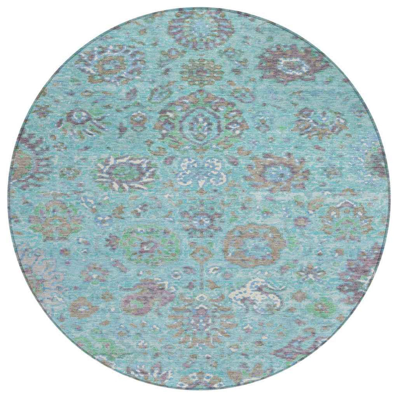 8' Teal Blue Taupe And Ivory Round Floral Washable Indoor Outdoor Area Rug