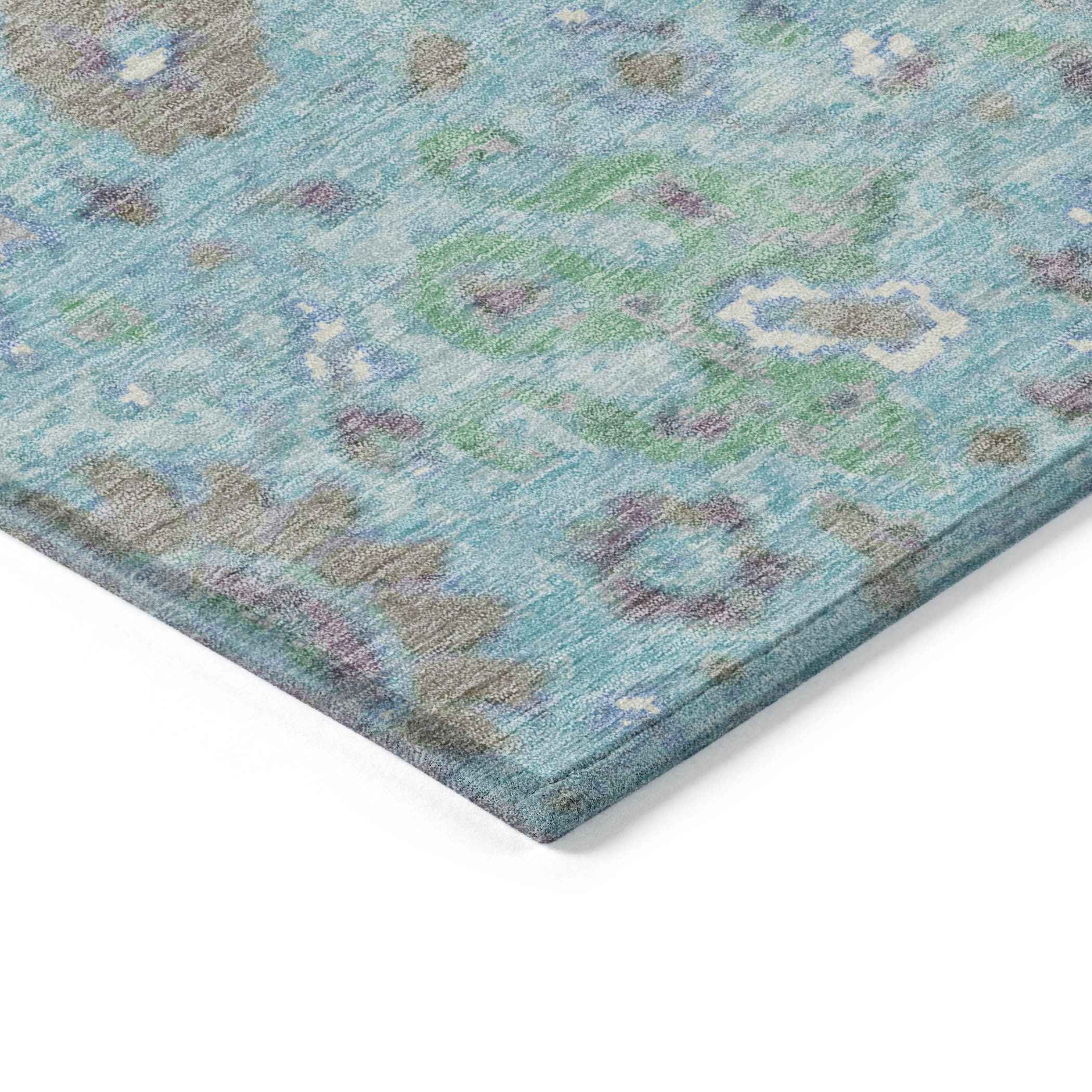 8' Teal Blue Taupe And Ivory Round Floral Washable Indoor Outdoor Area Rug