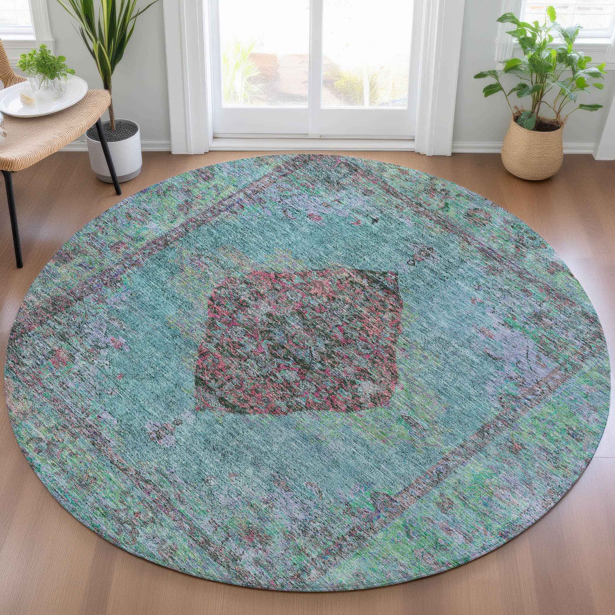 8' Aqua And Mauve Round Medallion Washable Indoor Outdoor Area Rug