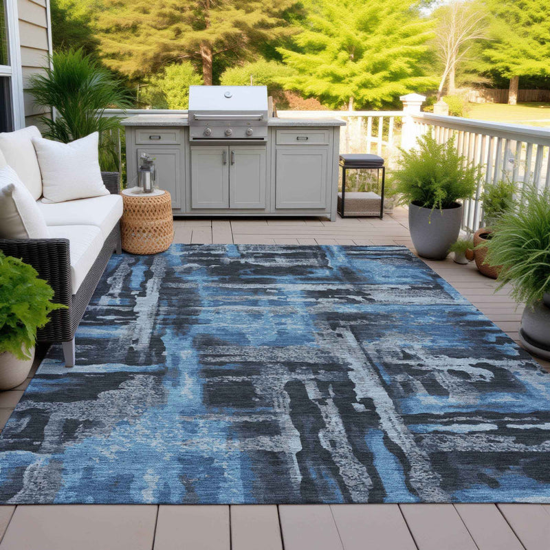 3' X 5' Black And Blue Abstract Washable Indoor Outdoor Area Rug