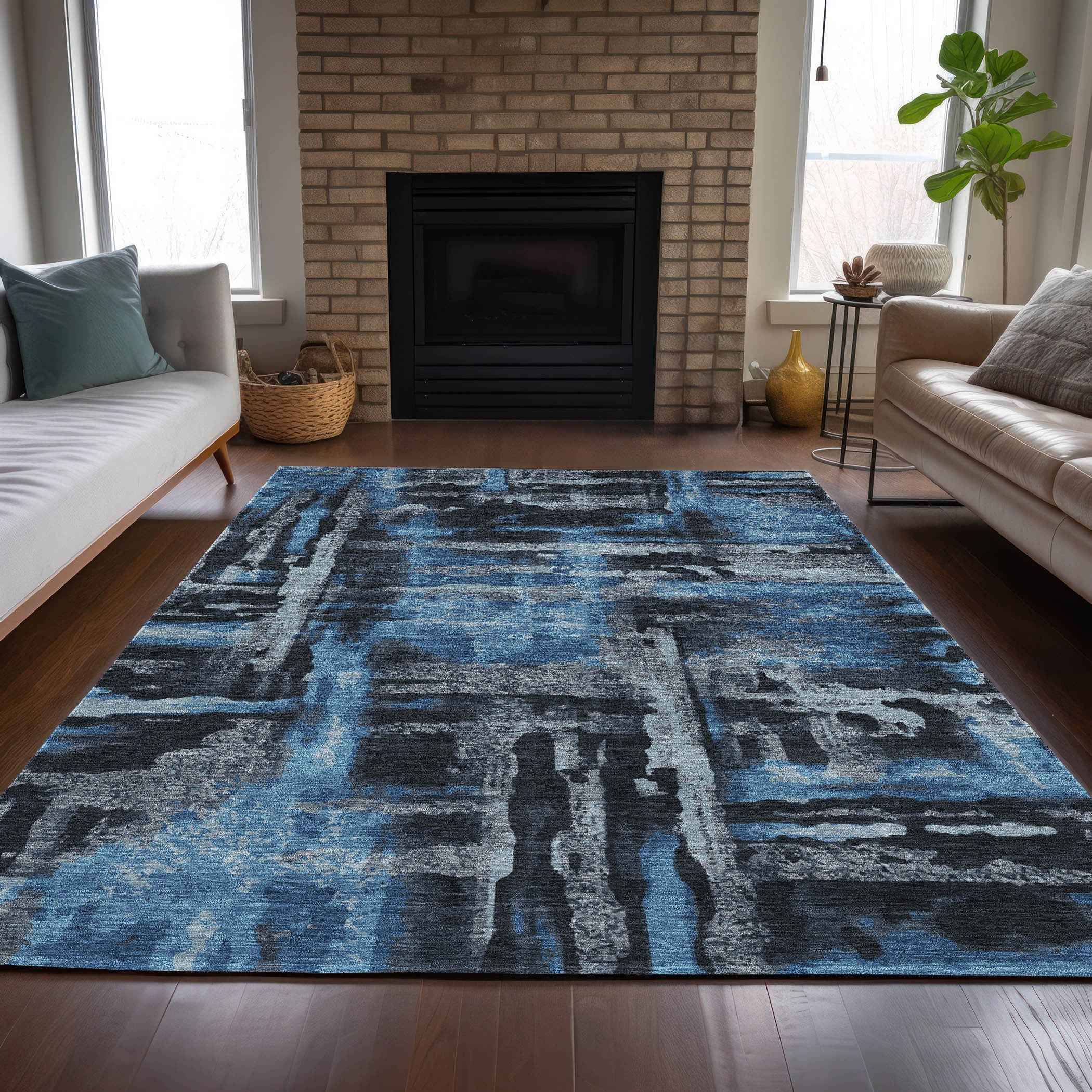 3' X 5' Black And Blue Abstract Washable Indoor Outdoor Area Rug