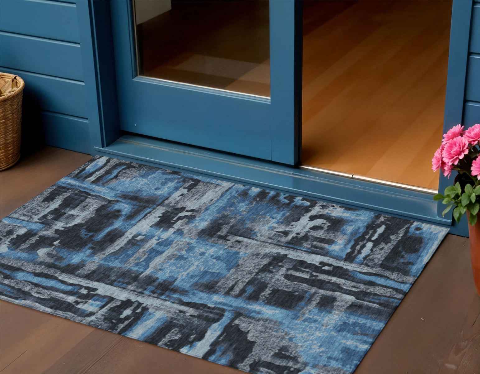 3' X 5' Black And Blue Abstract Washable Indoor Outdoor Area Rug