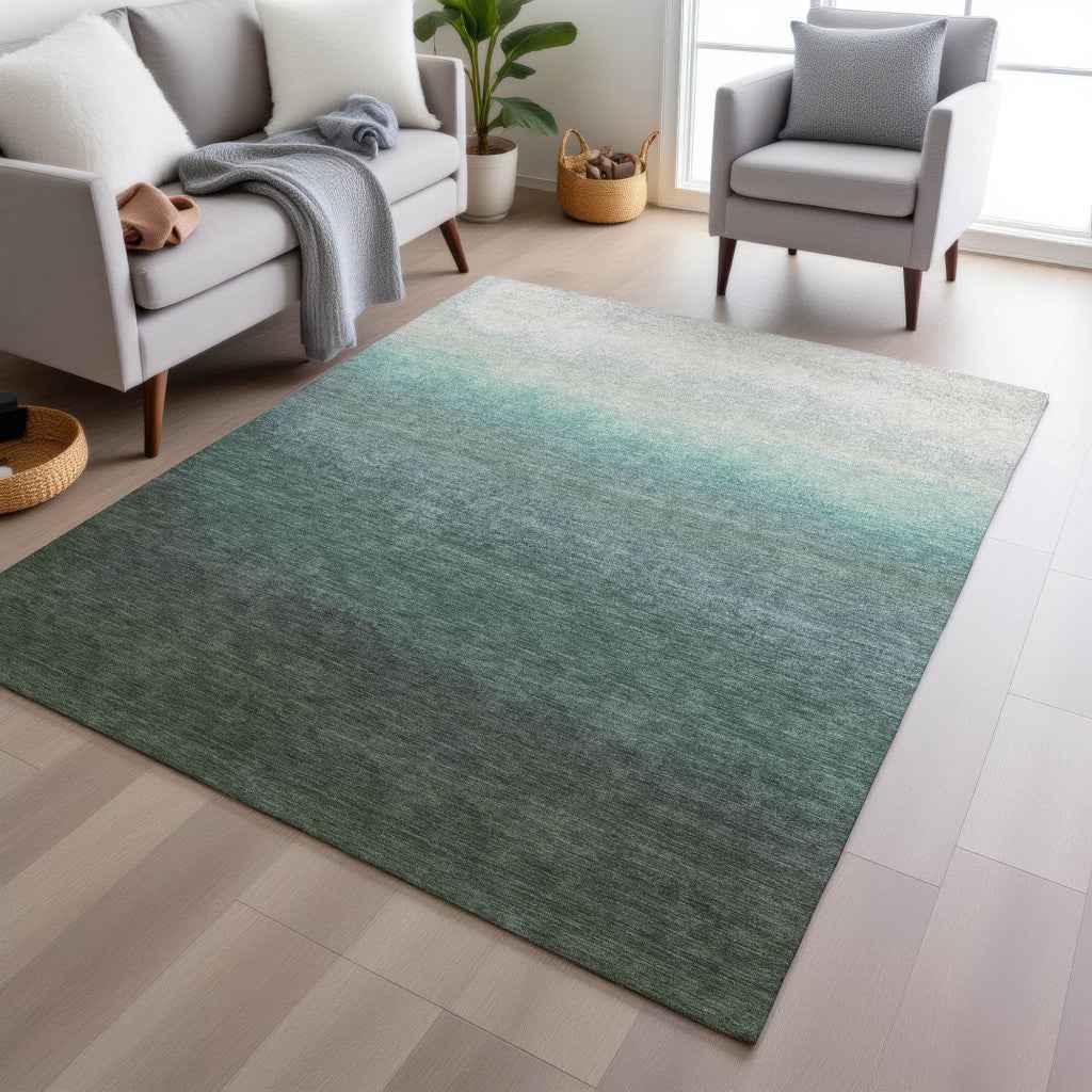 3' X 5' Pale Aqua And Gray Ombre Washable Indoor Outdoor Area Rug