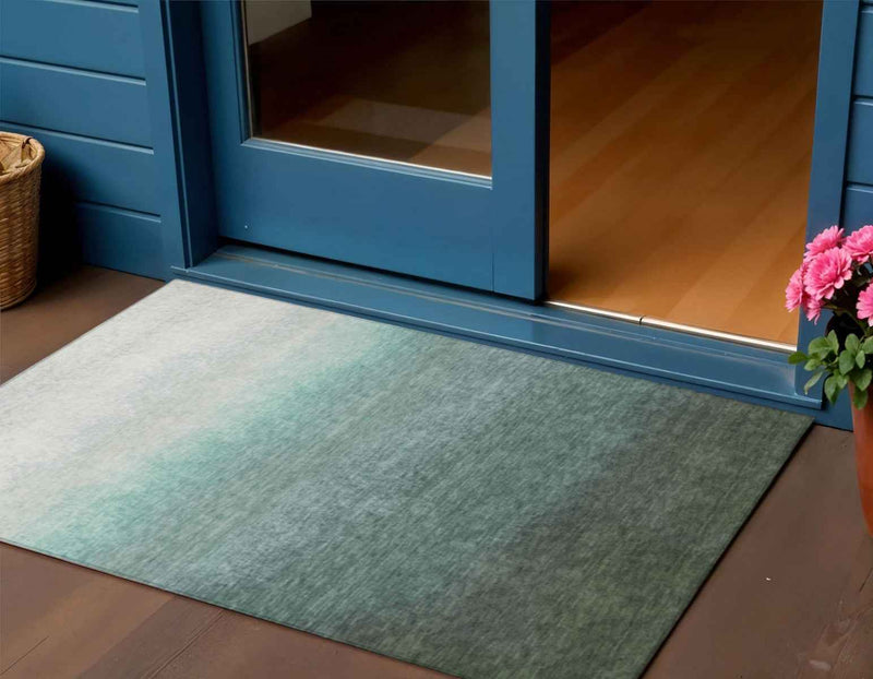 3' X 5' Pale Aqua And Gray Ombre Washable Indoor Outdoor Area Rug