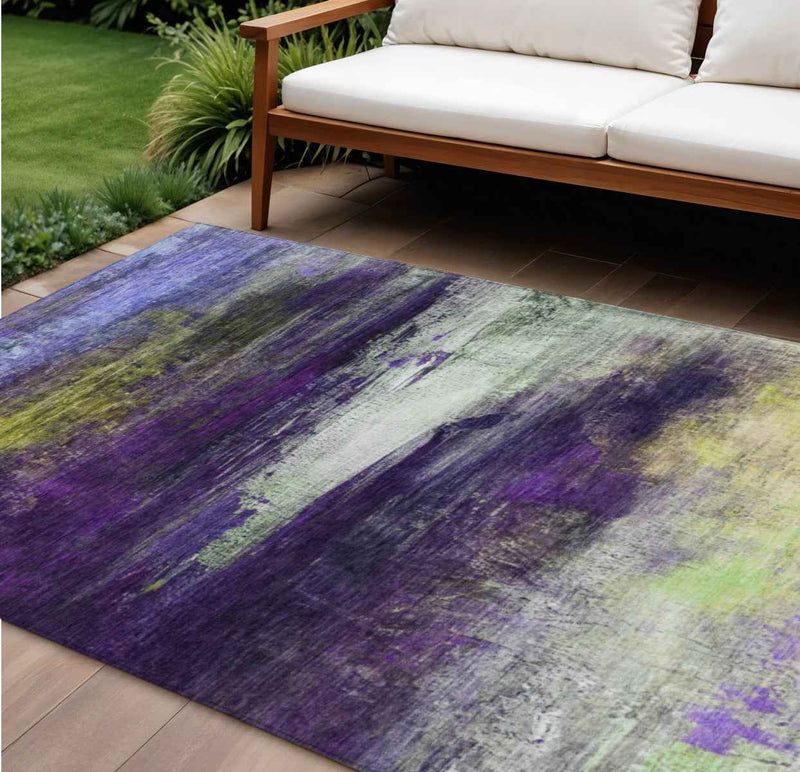 9' X 12' Purple Yellow And Ivory Abstract Washable Indoor Outdoor Area Rug
