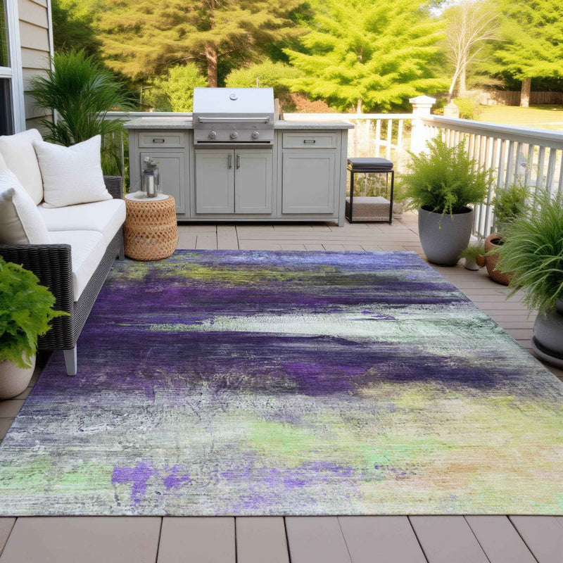 9' X 12' Purple Yellow And Ivory Abstract Washable Indoor Outdoor Area Rug