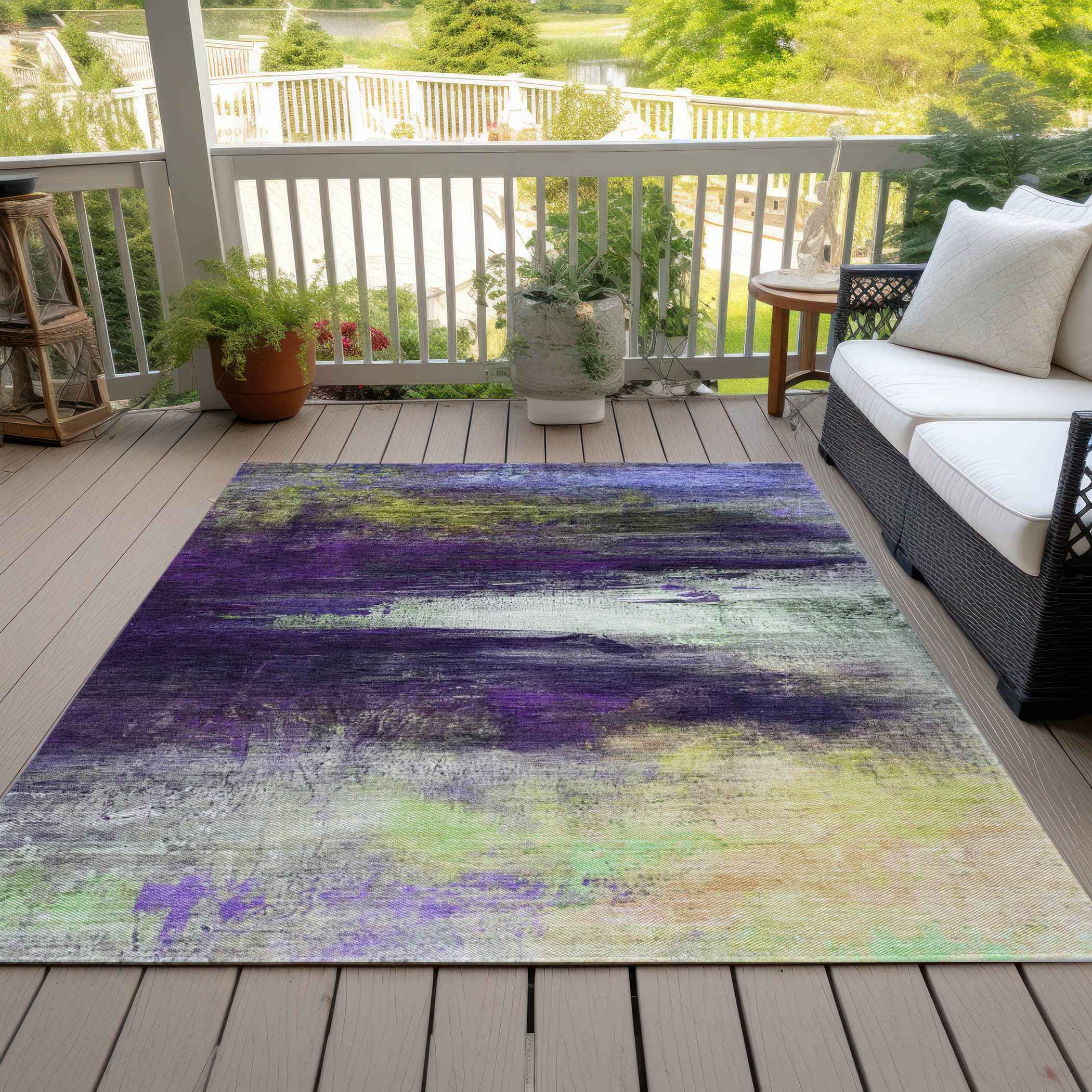 9' X 12' Purple Yellow And Ivory Abstract Washable Indoor Outdoor Area Rug