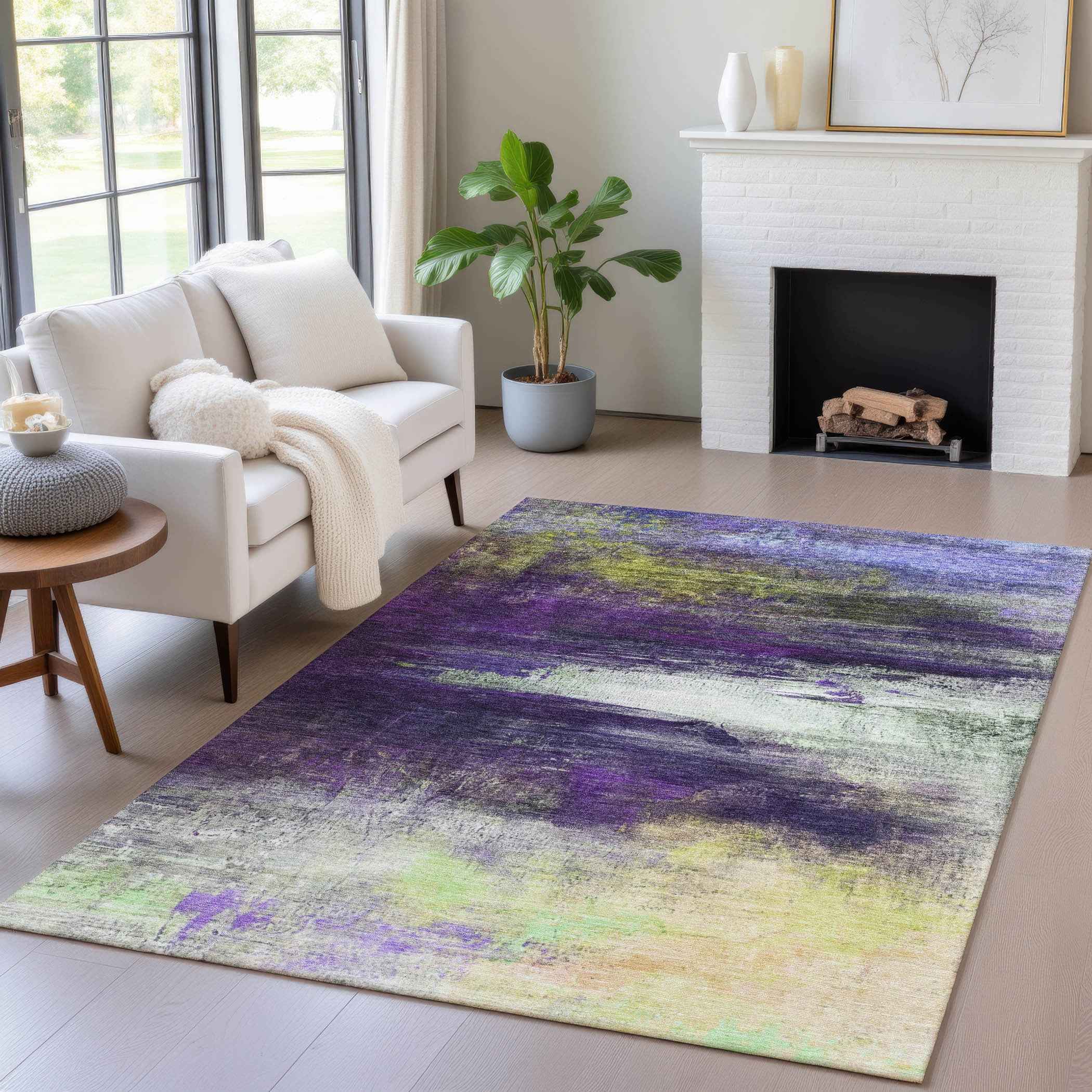 9' X 12' Purple Yellow And Ivory Abstract Washable Indoor Outdoor Area Rug