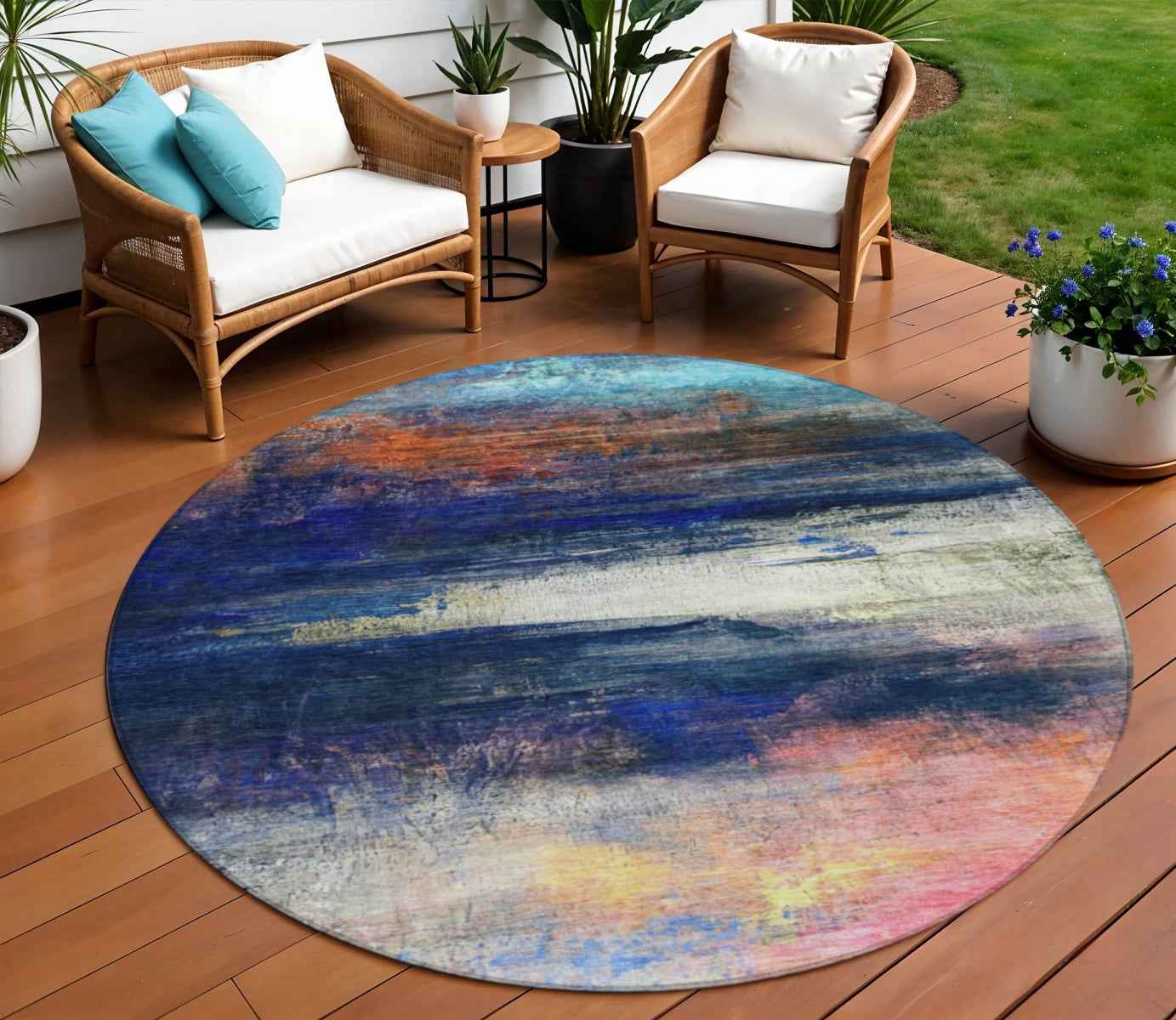 8' Blue Rust And Pink Round Abstract Washable Indoor Outdoor Area Rug
