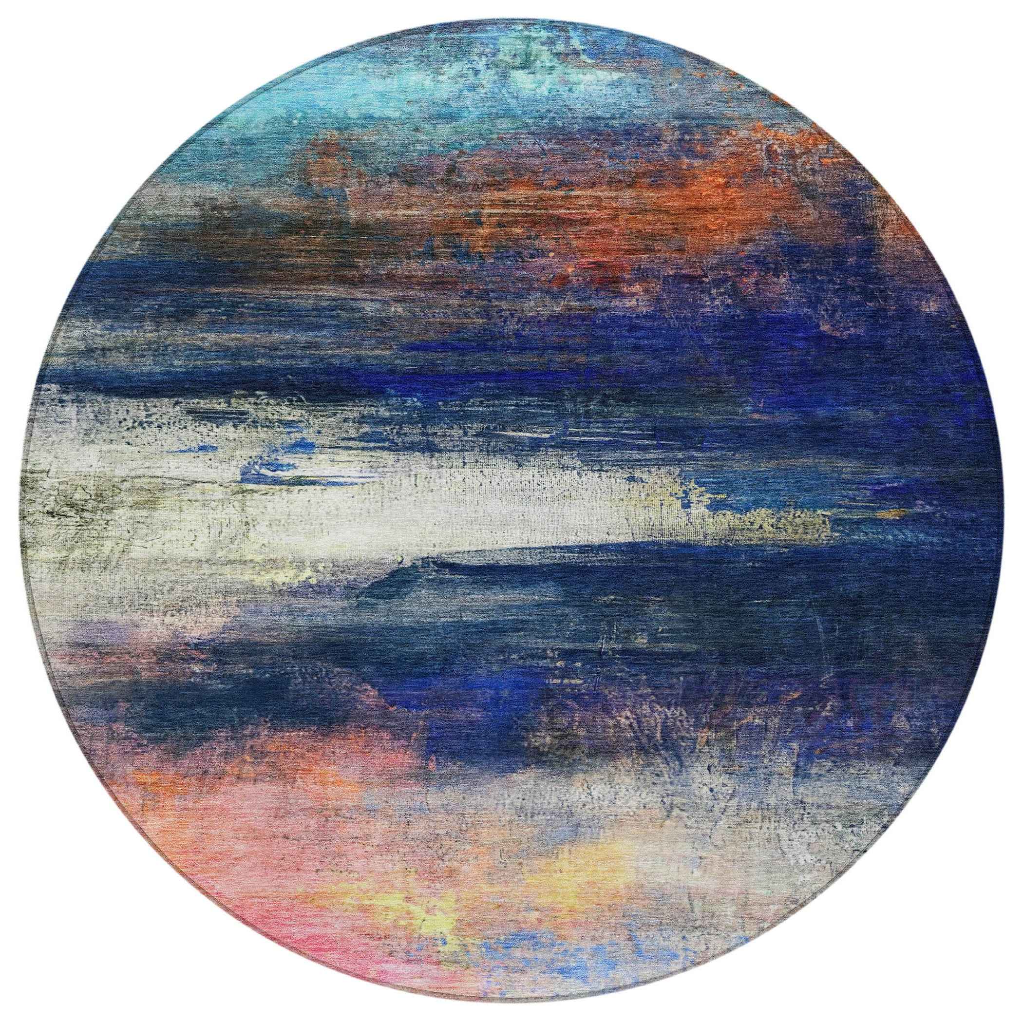 8' Blue Rust And Pink Round Abstract Washable Indoor Outdoor Area Rug