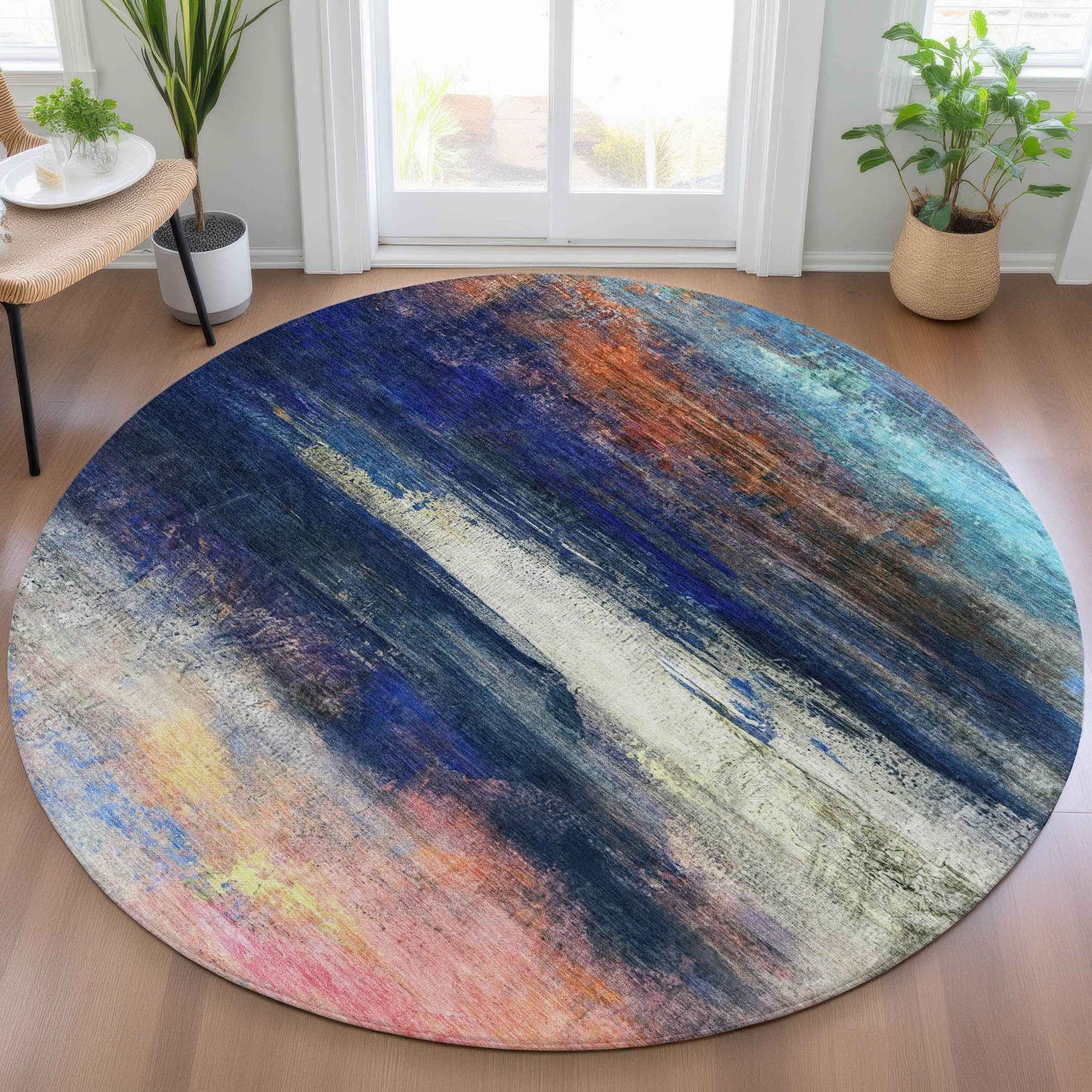 8' Blue Rust And Pink Round Abstract Washable Indoor Outdoor Area Rug