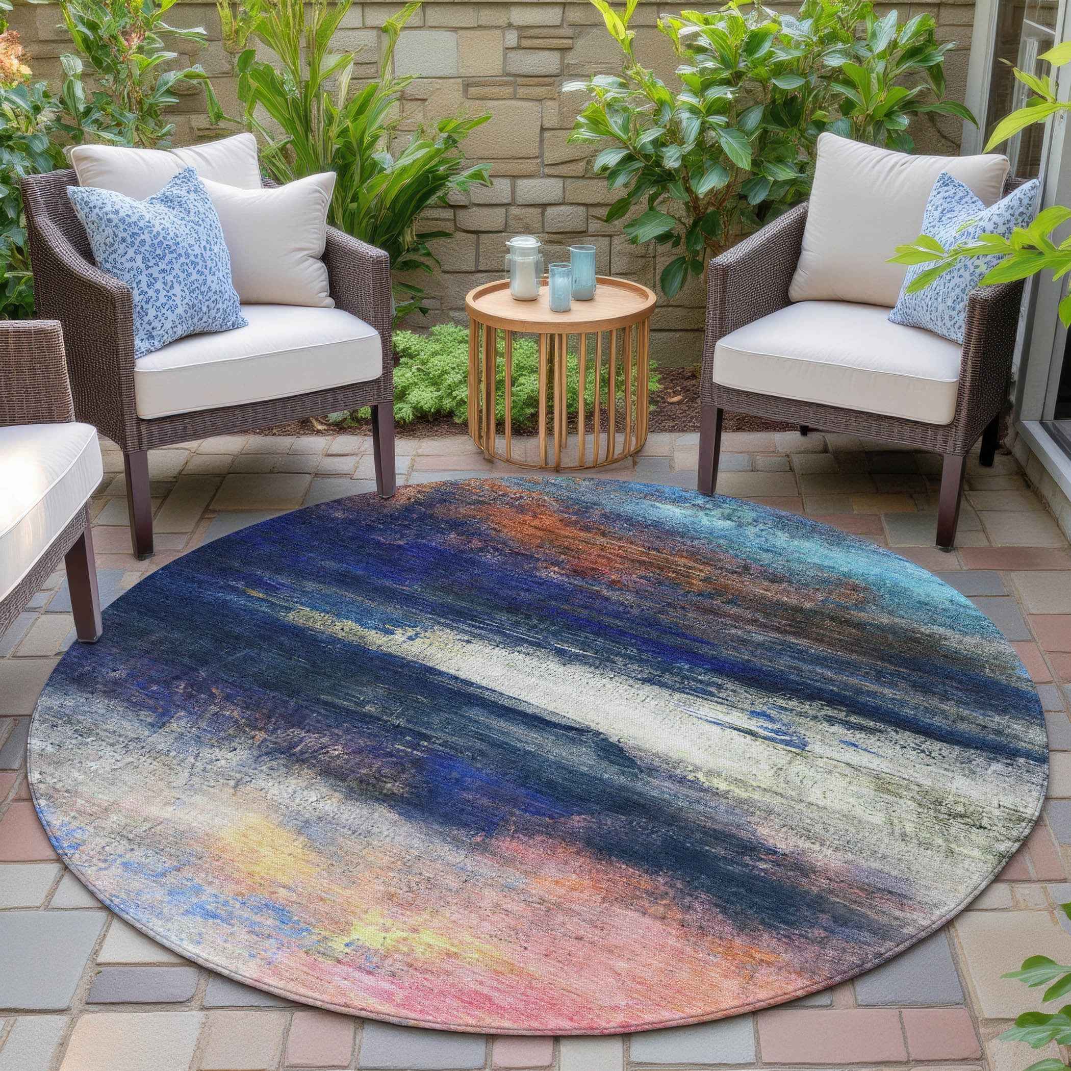 8' Blue Rust And Pink Round Abstract Washable Indoor Outdoor Area Rug