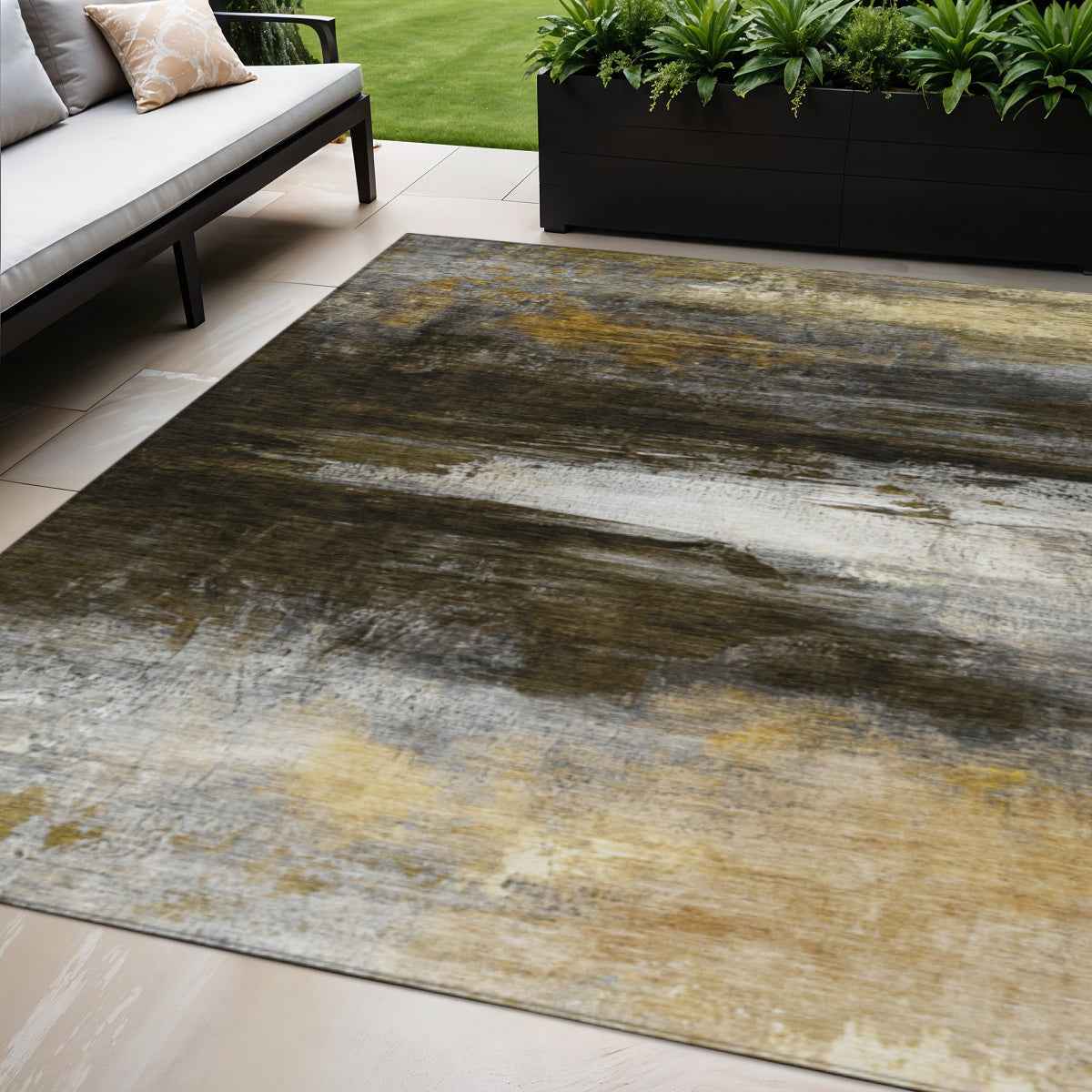 5' X 8' Chocolate Gold And Beige Abstract Washable Indoor Outdoor Area Rug