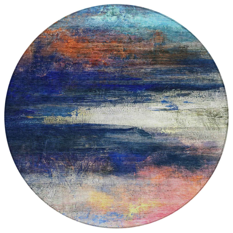 8' Blue Rust And Pink Round Abstract Washable Indoor Outdoor Area Rug