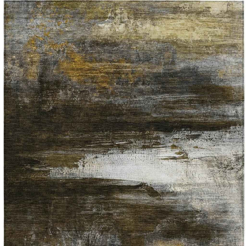 5' X 8' Chocolate Gold And Beige Abstract Washable Indoor Outdoor Area Rug