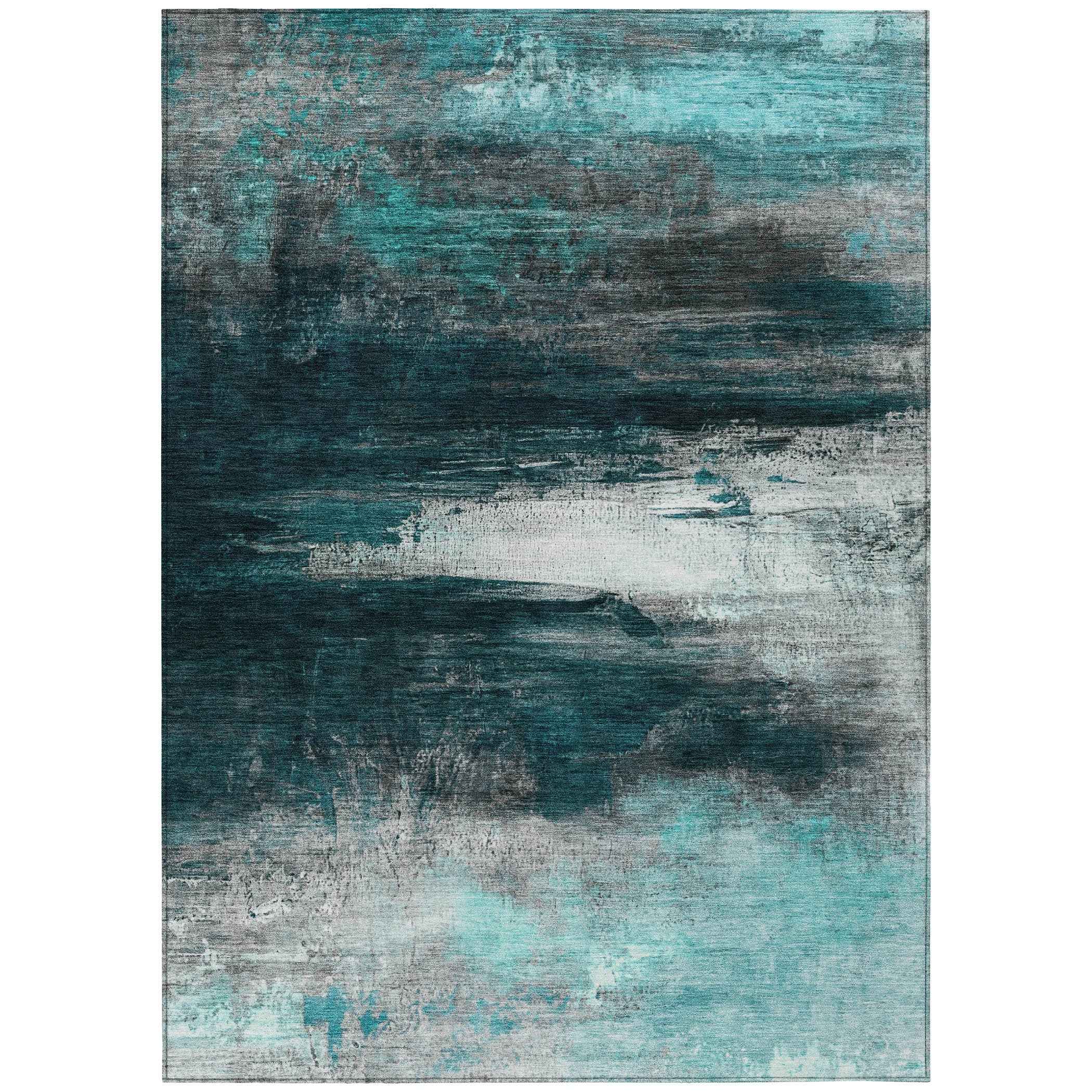 9' X 12' Teal Blue Aqua And Charcoal Abstract Washable Indoor Outdoor Area Rug
