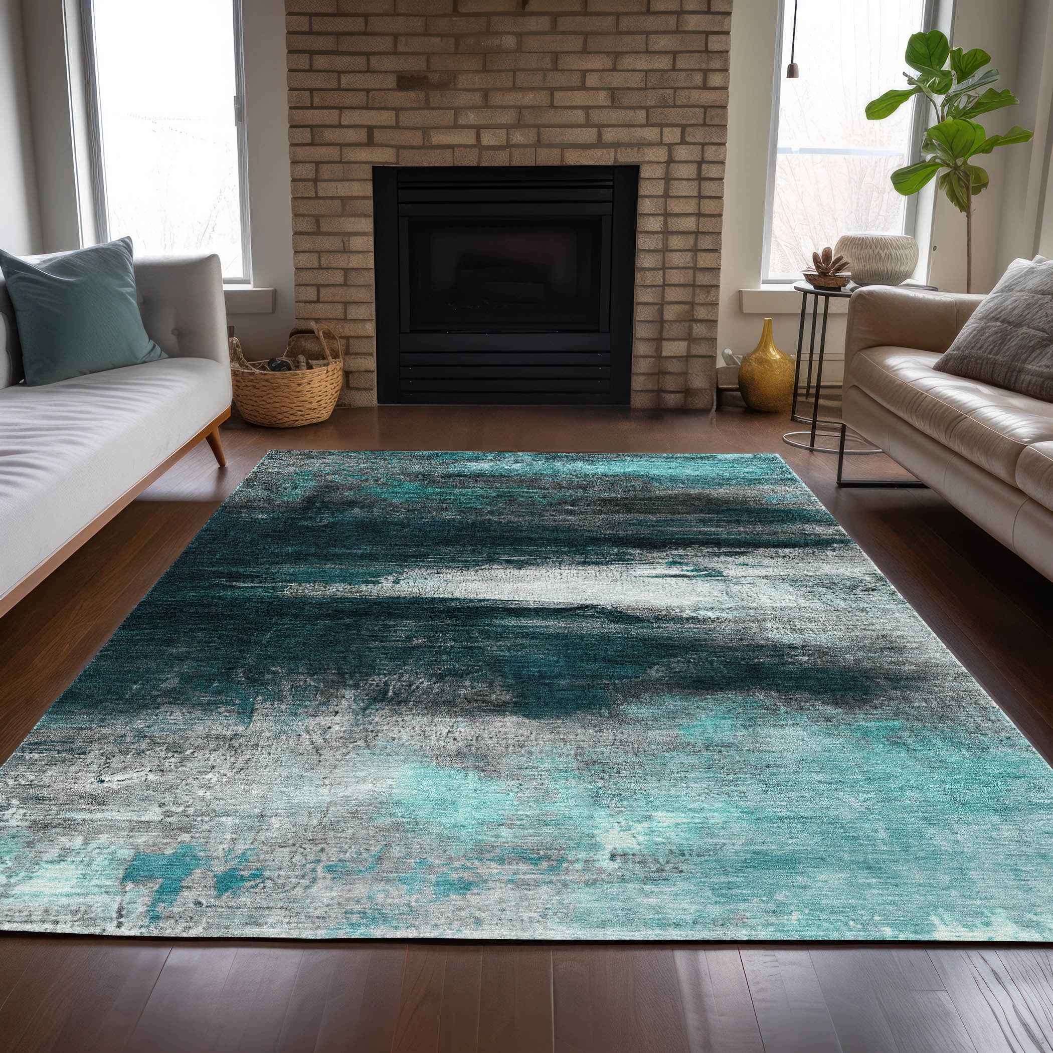 9' X 12' Teal Blue Aqua And Charcoal Abstract Washable Indoor Outdoor Area Rug