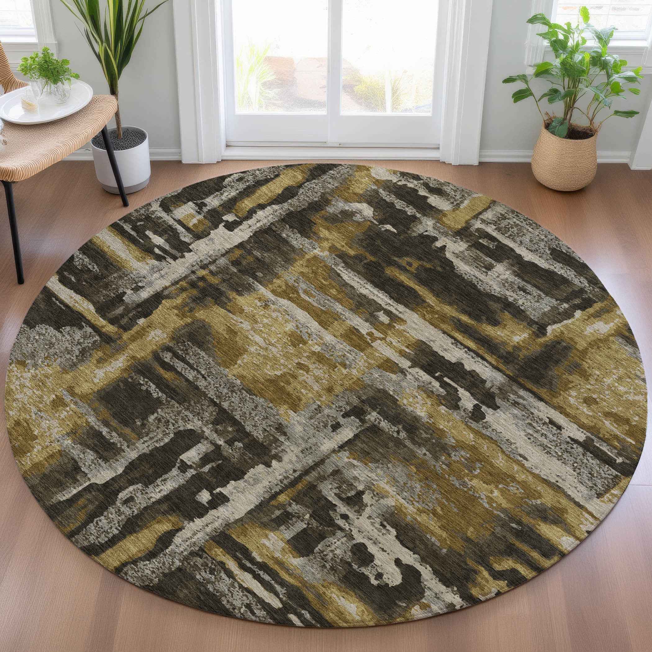 8' Coffee And Taupe Round Abstract Washable Indoor Outdoor Area Rug