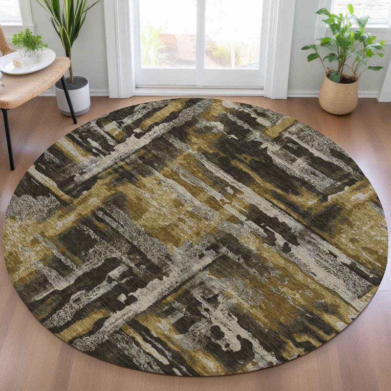 8' Coffee And Taupe Round Abstract Washable Indoor Outdoor Area Rug