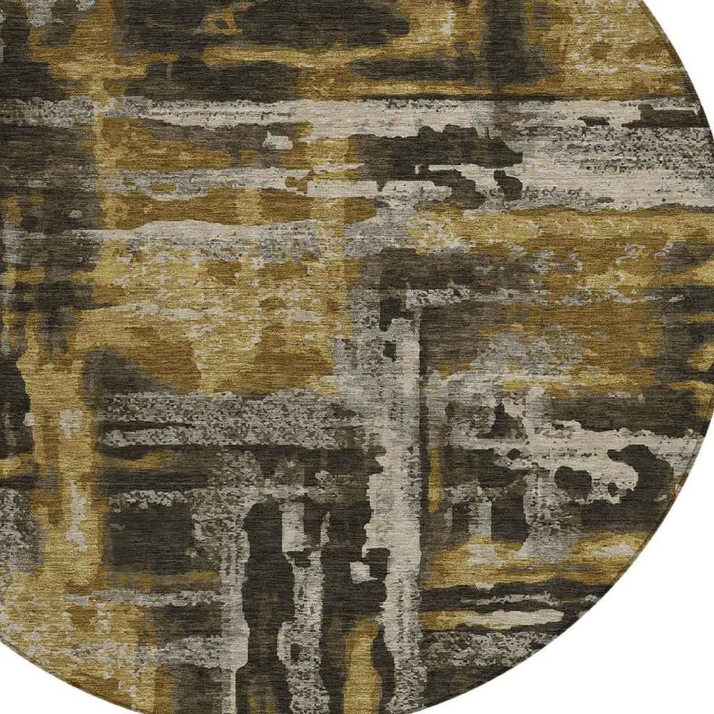 8' Coffee And Taupe Round Abstract Washable Indoor Outdoor Area Rug