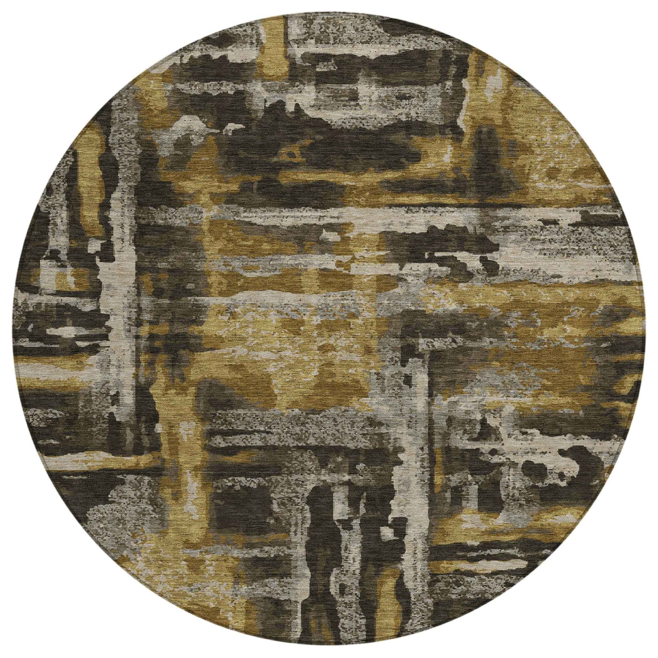 8' Coffee And Taupe Round Abstract Washable Indoor Outdoor Area Rug