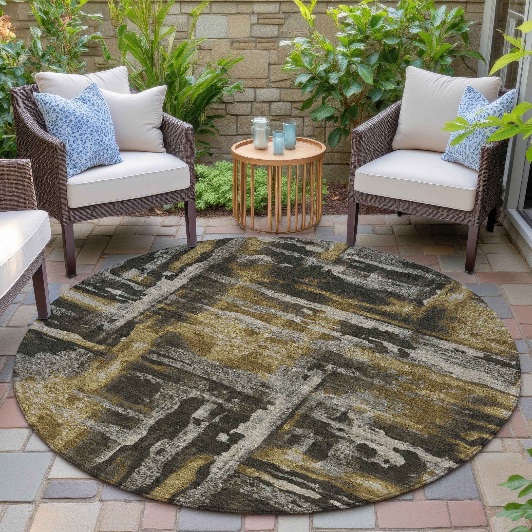 8' Coffee And Taupe Round Abstract Washable Indoor Outdoor Area Rug