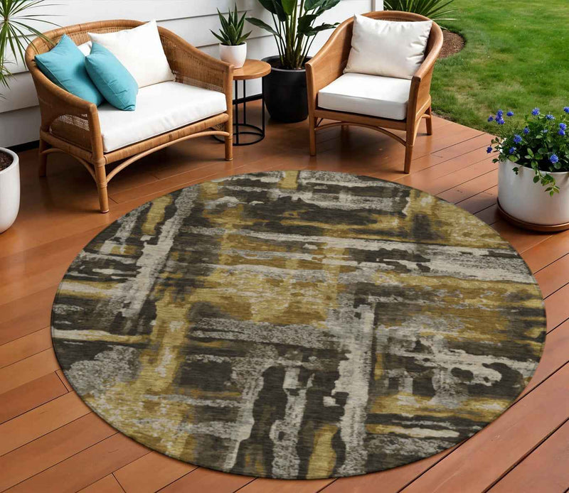 8' Coffee And Taupe Round Abstract Washable Indoor Outdoor Area Rug