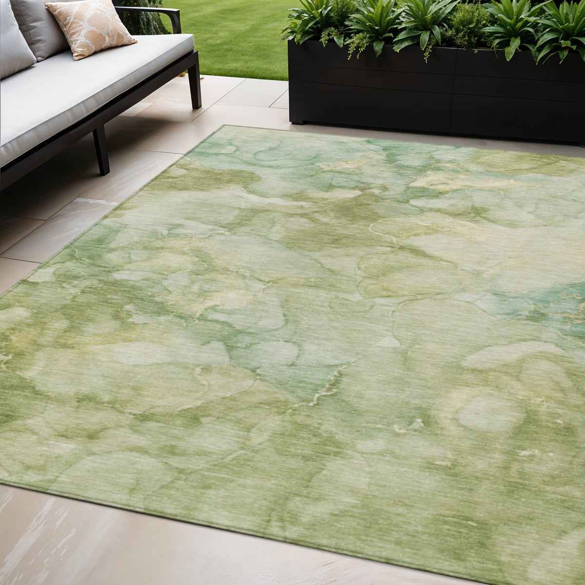 5' X 8' Artichoke Green And Beige Abstract Washable Indoor Outdoor Area Rug