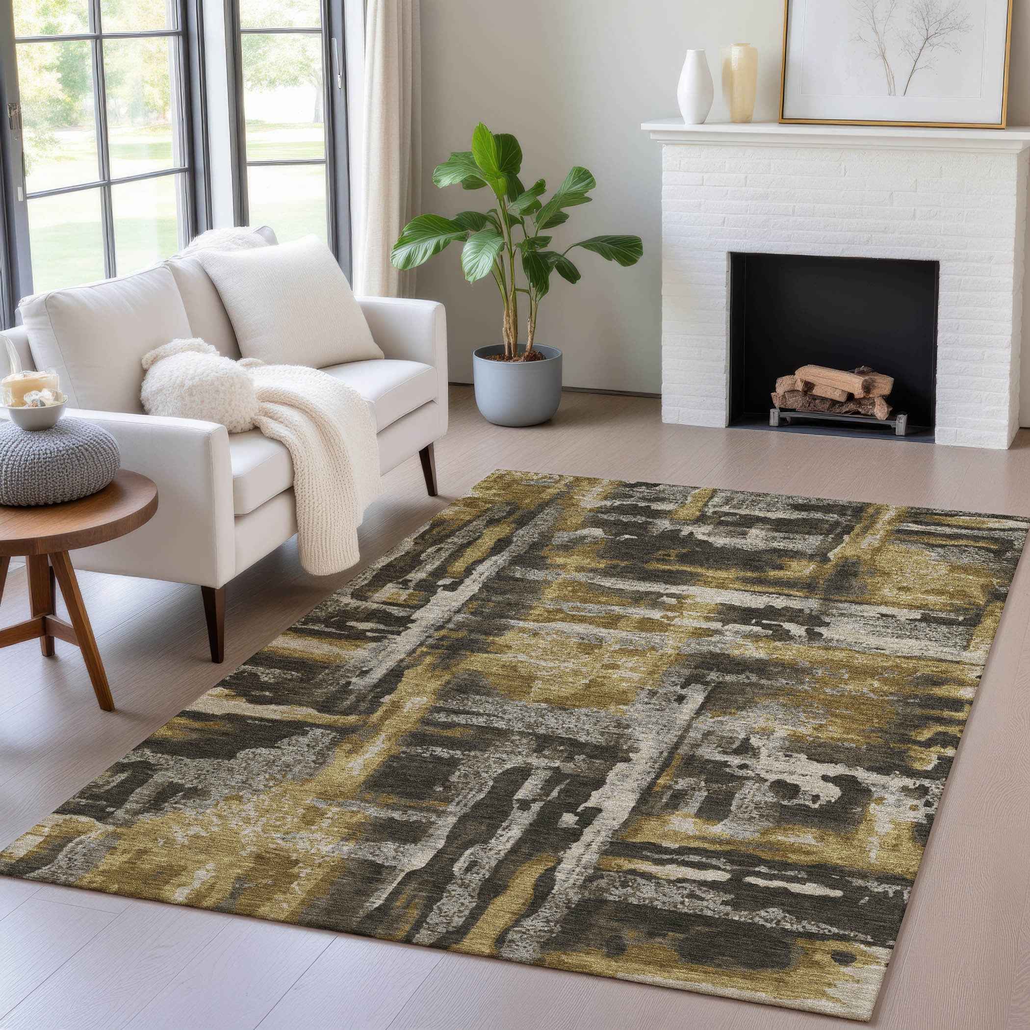 3' X 5' Coffee And Taupe Abstract Washable Indoor Outdoor Area Rug
