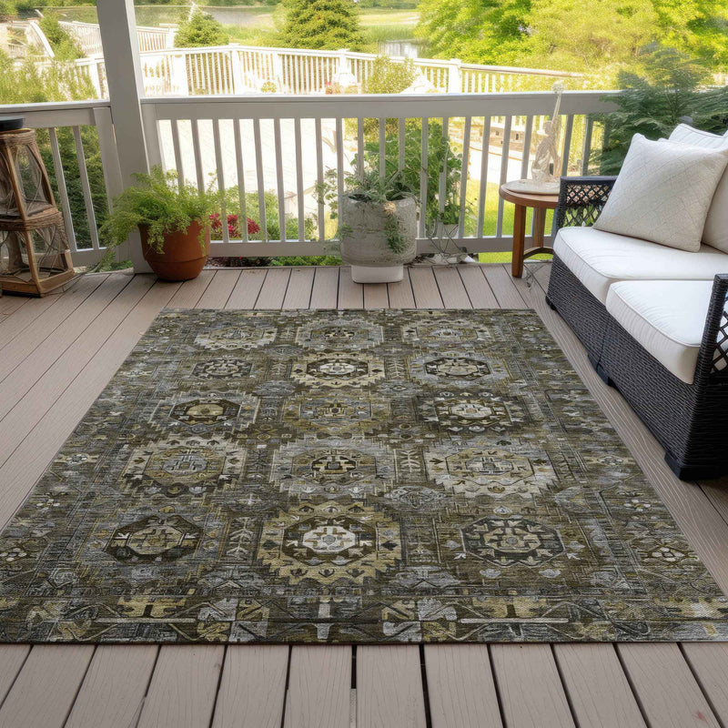 10' X 14' Brown Charcoal And Beige Medallion Washable Indoor Outdoor Area Rug