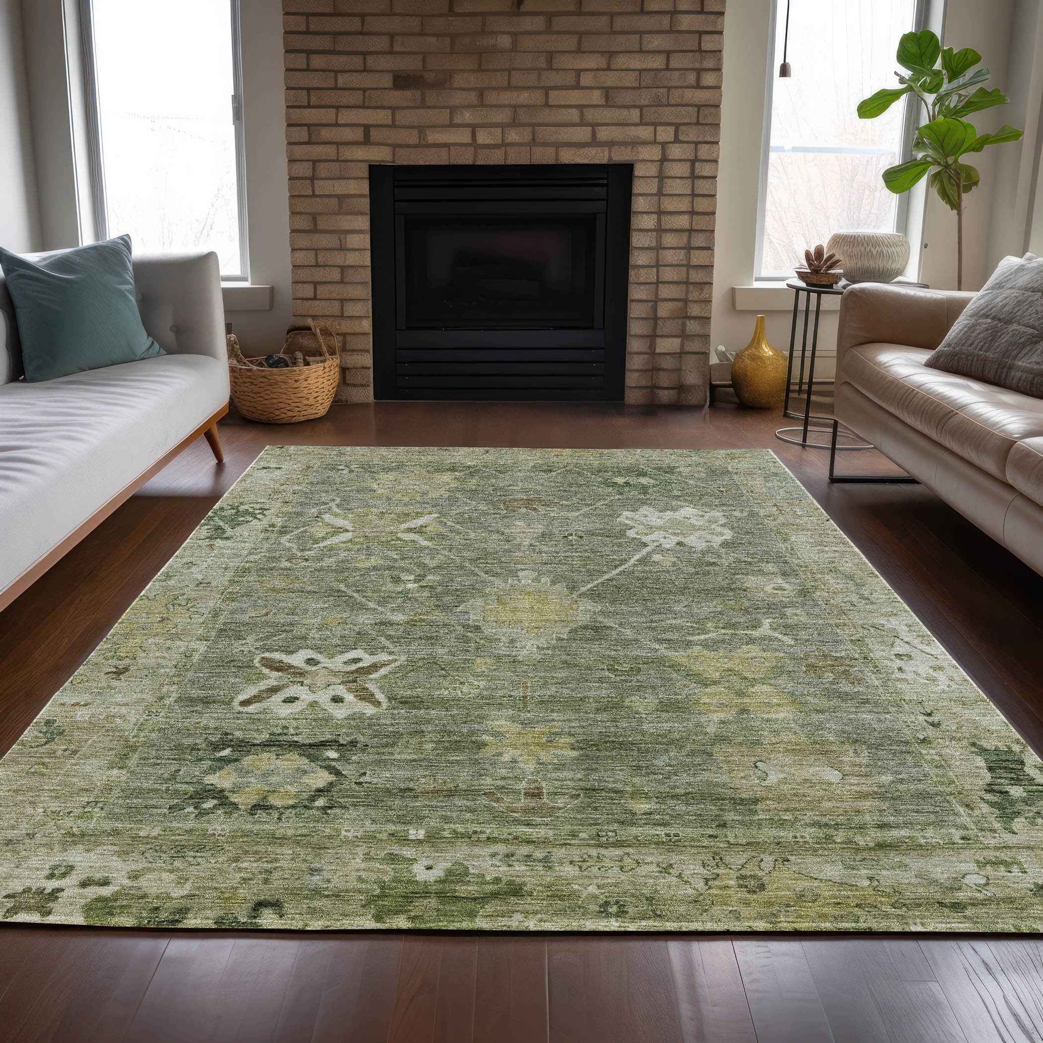 3' X 5' Sage And Beige Tribal Washable Indoor Outdoor Area Rug