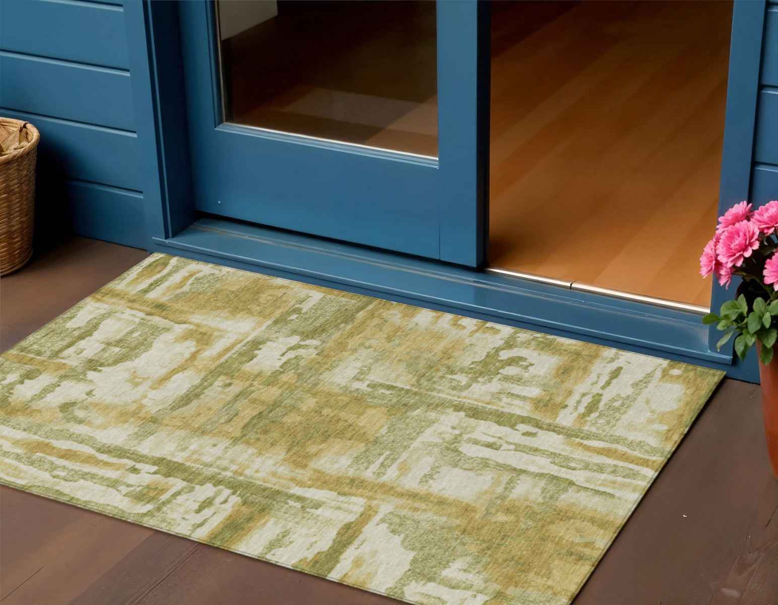 3' X 5' Artichoke Green And Gold Abstract Washable Indoor Outdoor Area Rug