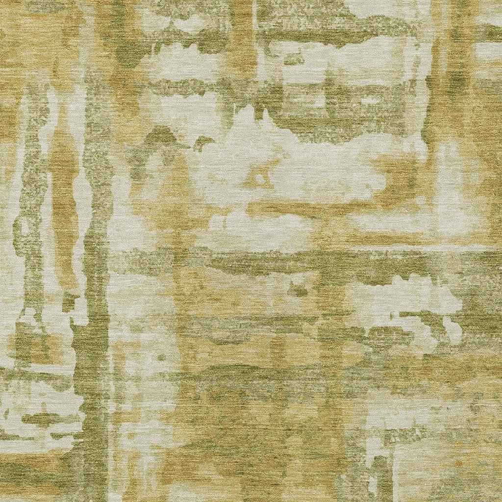 3' X 5' Artichoke Green And Gold Abstract Washable Indoor Outdoor Area Rug