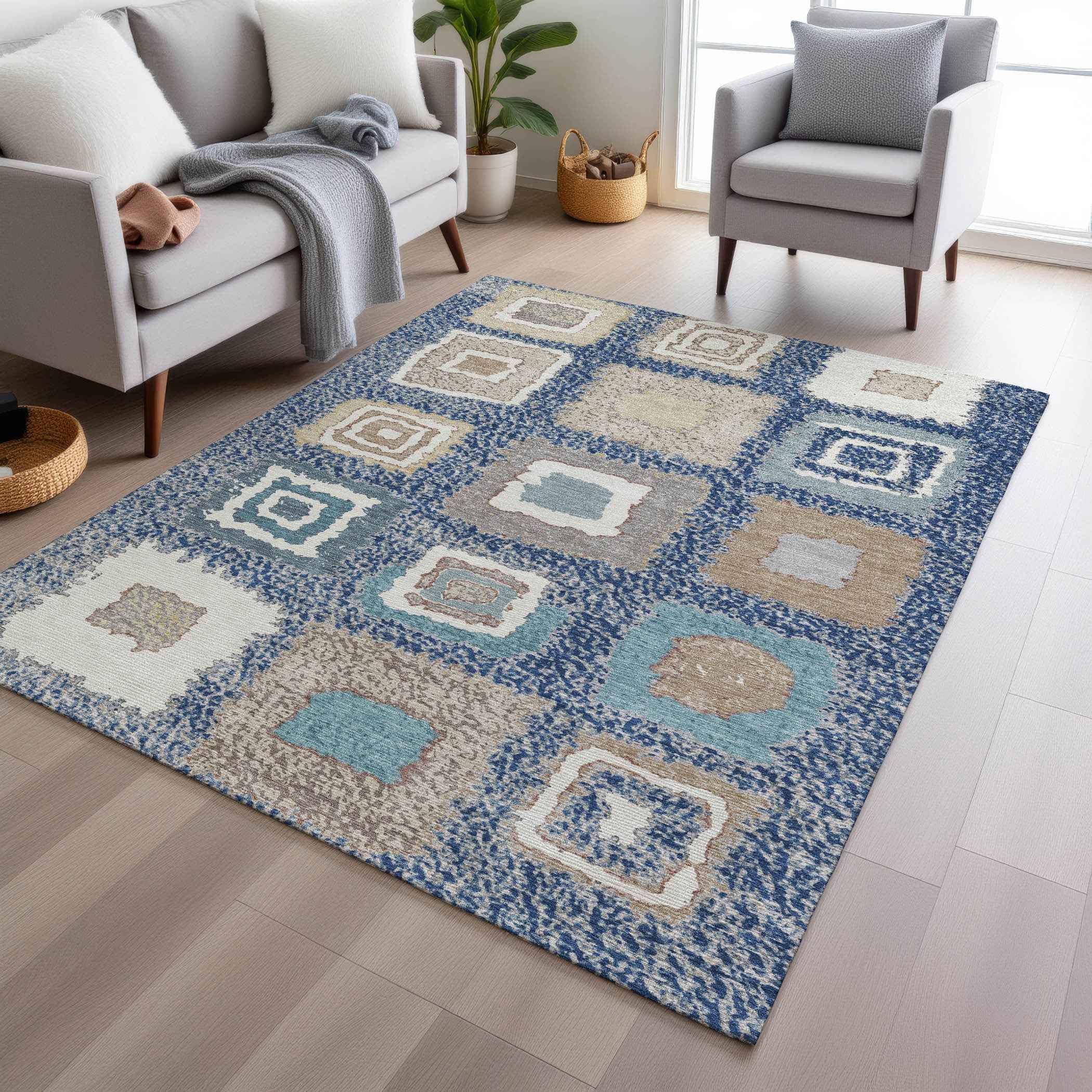 5' X 8' Navy Blue Beige And Ivory Geometric Washable Indoor Outdoor Area Rug