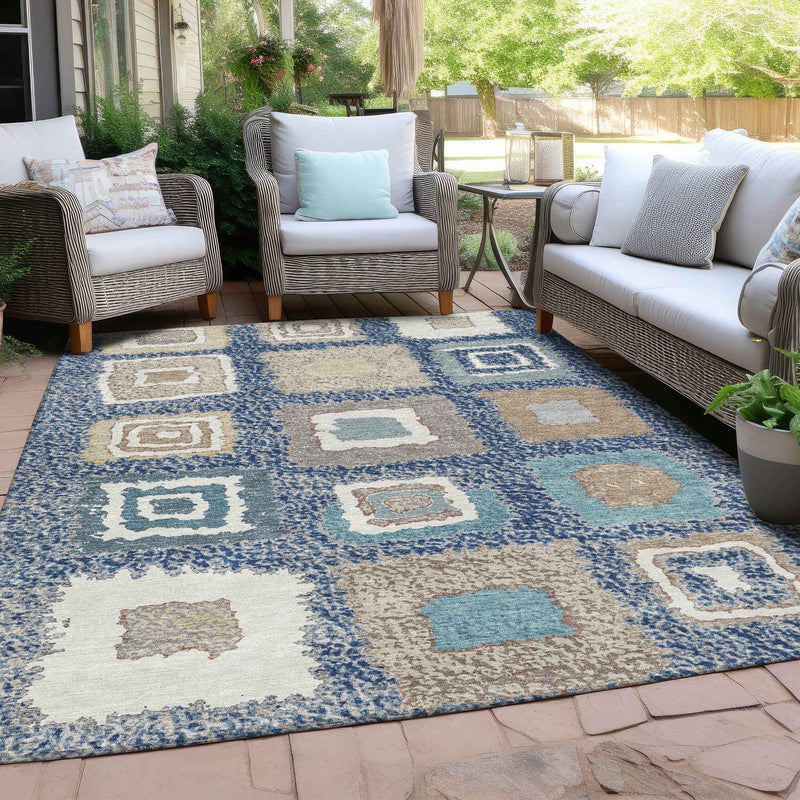5' X 8' Navy Blue Beige And Ivory Geometric Washable Indoor Outdoor Area Rug