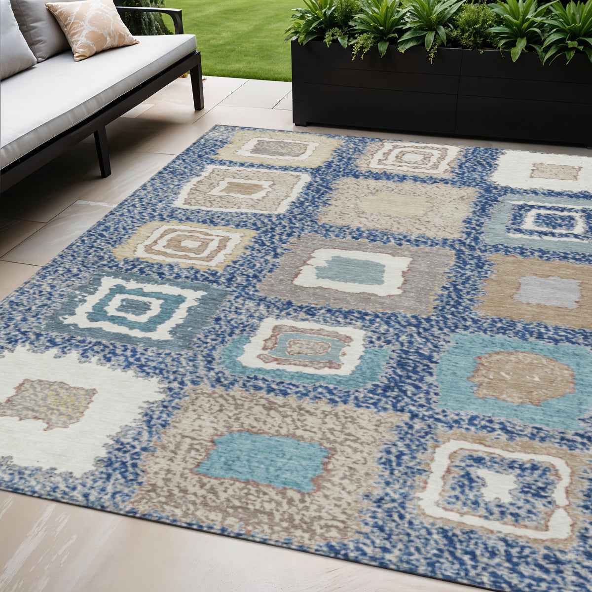5' X 8' Navy Blue Beige And Ivory Geometric Washable Indoor Outdoor Area Rug