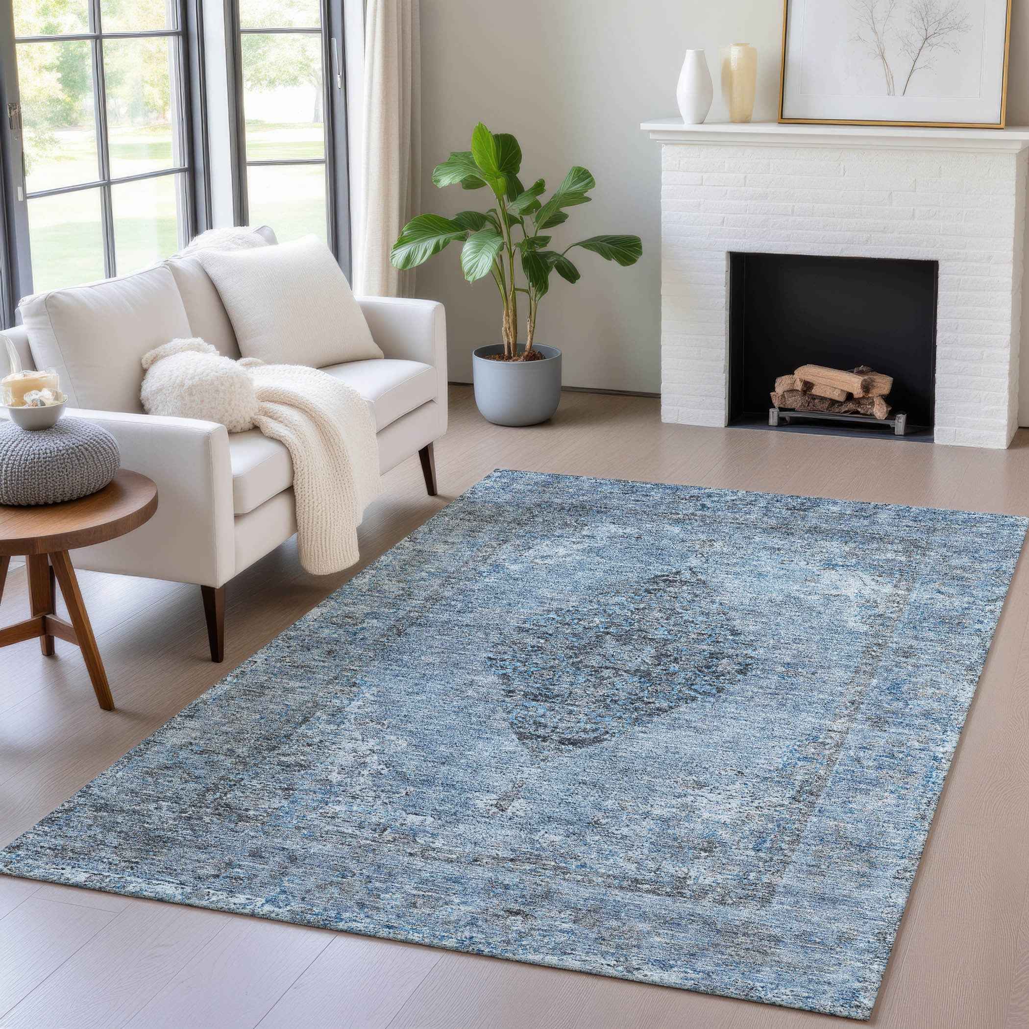 9' X 12' Denim Blue And Gray Medallion Washable Indoor Outdoor Area Rug