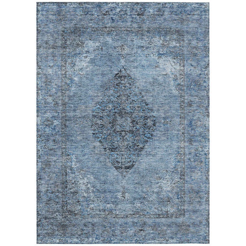 9' X 12' Denim Blue And Gray Medallion Washable Indoor Outdoor Area Rug
