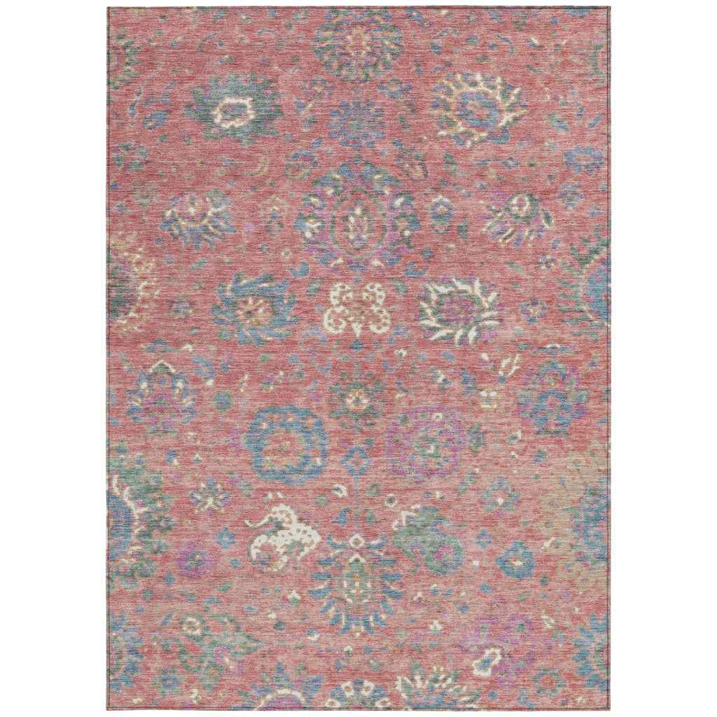 8' X 10' Coral Plum And Blue Floral Washable Indoor Outdoor Area Rug