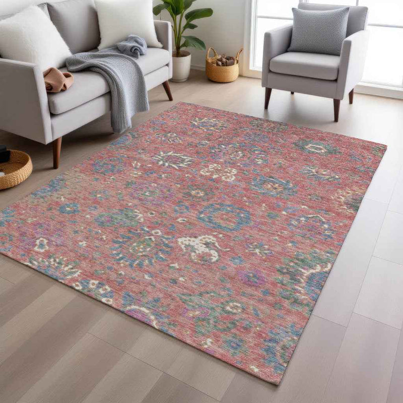 8' X 10' Coral Plum And Blue Floral Washable Indoor Outdoor Area Rug