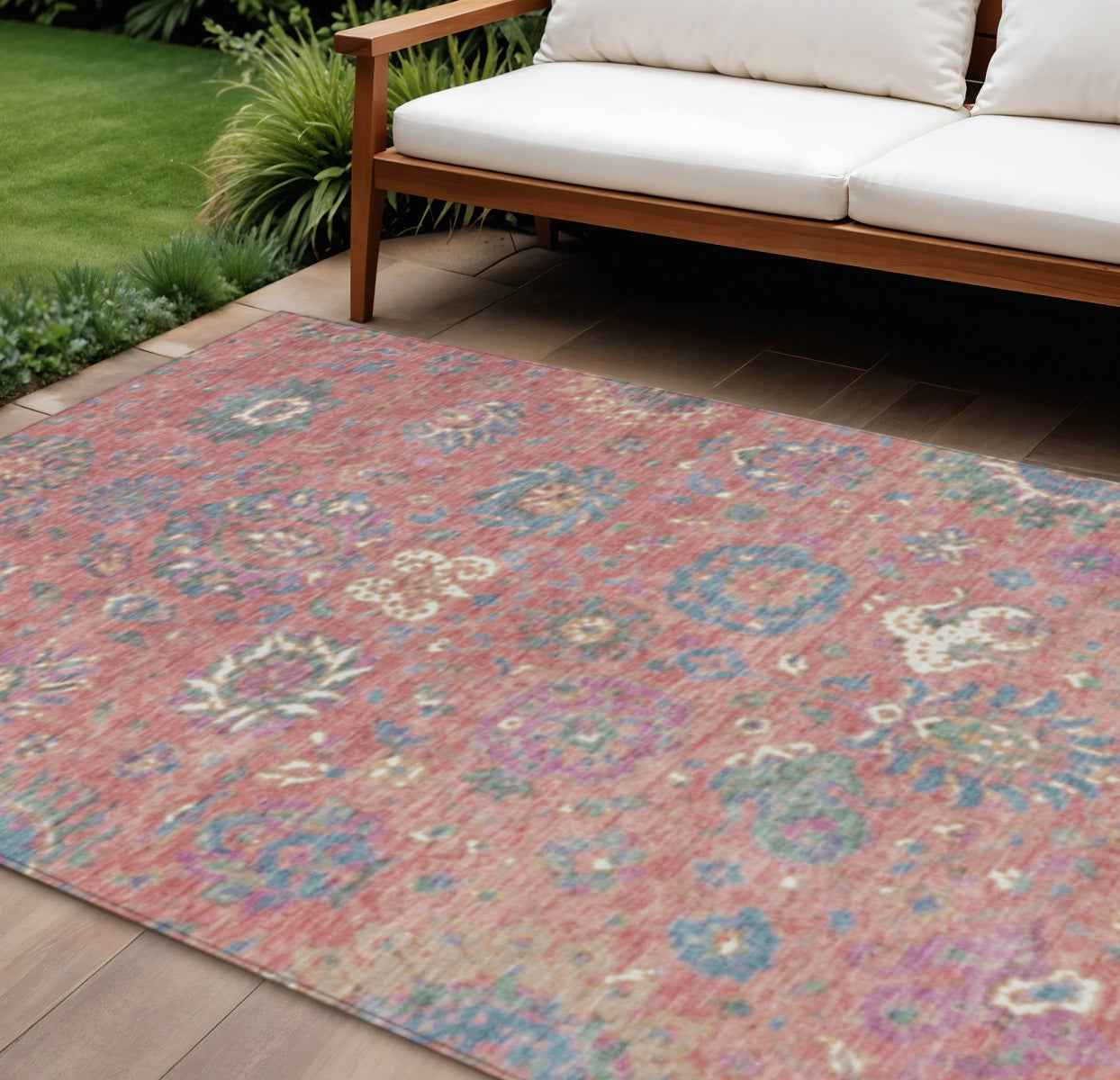 8' X 10' Coral Plum And Blue Floral Washable Indoor Outdoor Area Rug