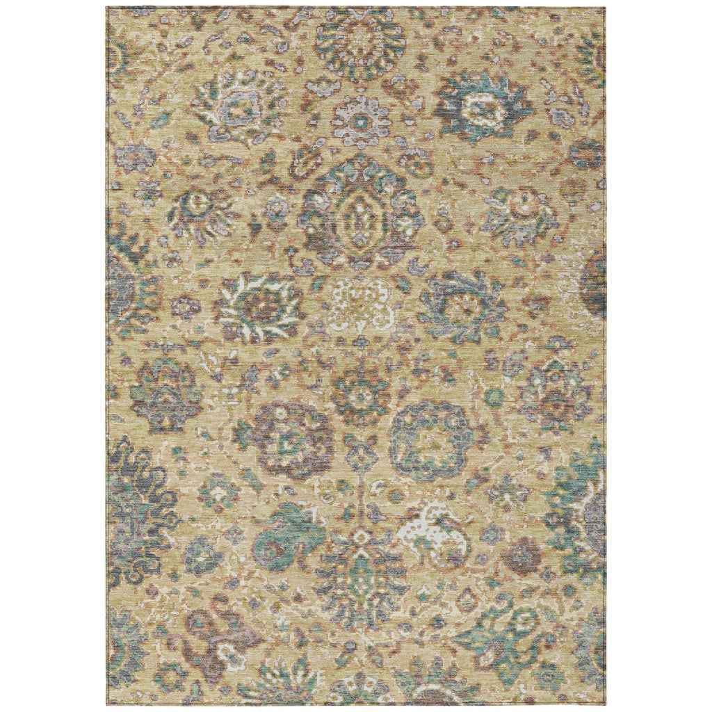 9' X 12' Gold Beige And Pale Aqua Floral Washable Indoor Outdoor Area Rug