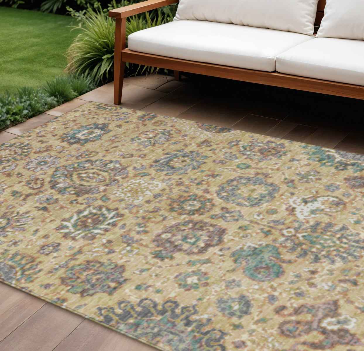 9' X 12' Gold Beige And Pale Aqua Floral Washable Indoor Outdoor Area Rug